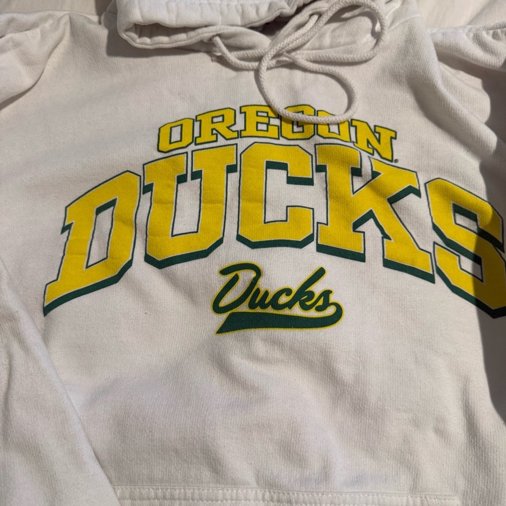 Oregon Ducks White Crewneck Hoodie with Yellow & Green Logo - Picture 2 of 4